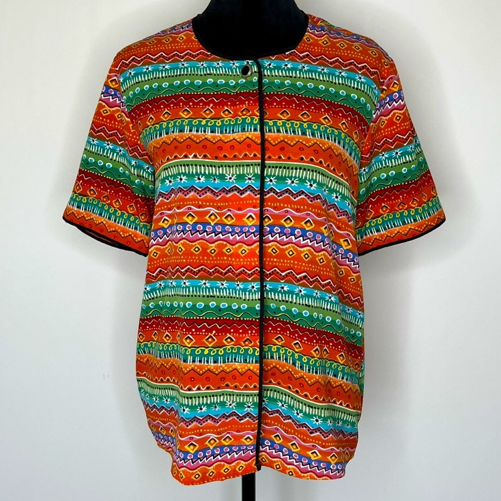 Jordan Button Down Top Womens Size M Orange Geo Print Short Sleeve